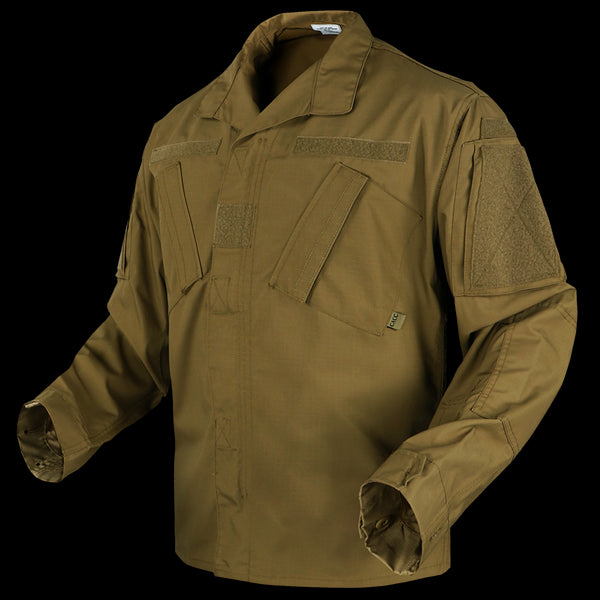 The Condor Cadet Class C Uniform Coat is a brown tactical jacket with multiple angled chest and arm pockets, velcro patches, and long sleeves—ideal for military or law enforcement—displayed on a plain background.